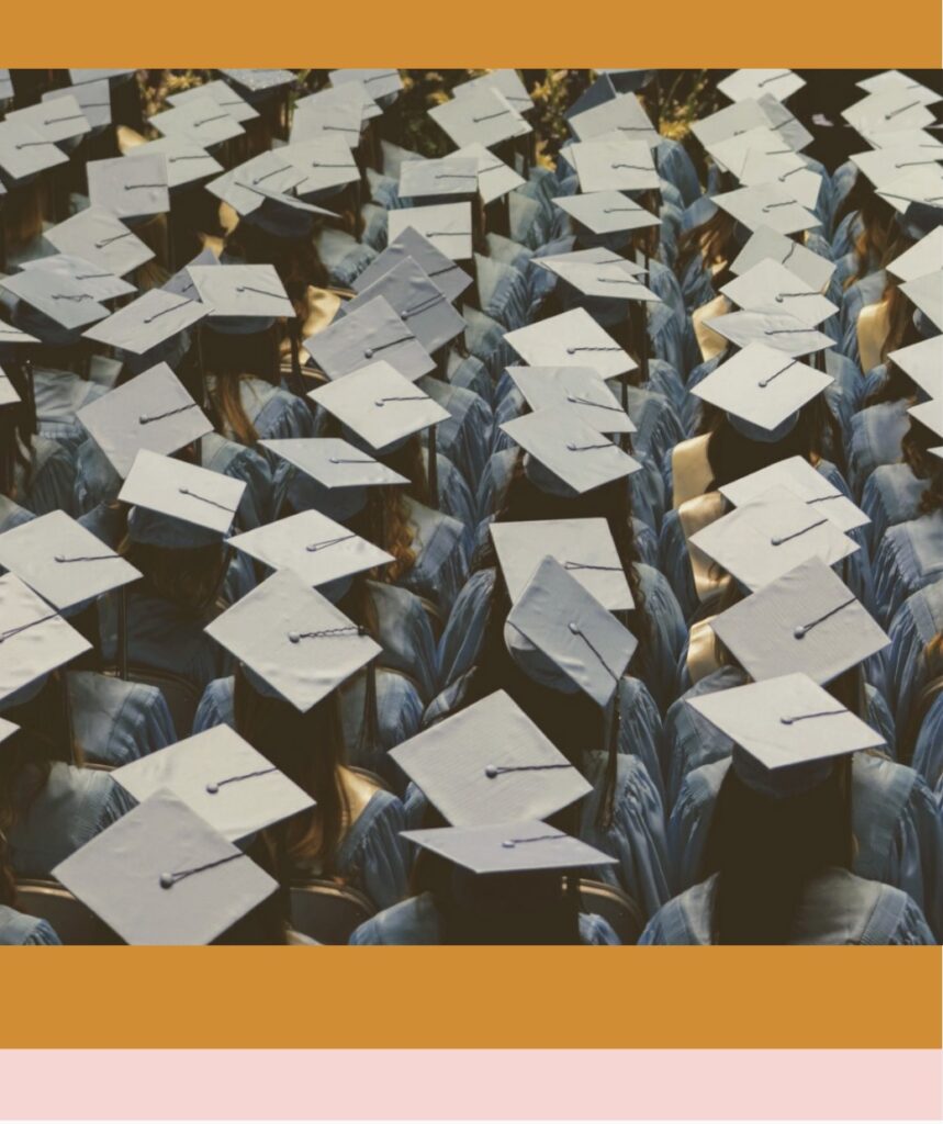 Photo of a crowd in graduation gowns and caps facing away from camera by Joshua Hoehne on Unsplash